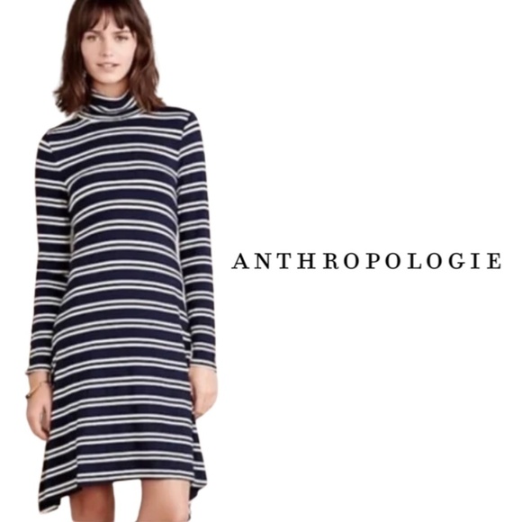 Anthropologie Maeve Navy & White Striped Turtleneck Long Sleeve Swing Dress - XS - Picture 1 of 11